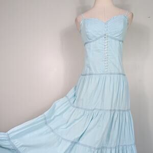 Y2K Maxi Dress 8 Blue Cotton Cottage Peasant Vintage 90s Newport Empire Boho